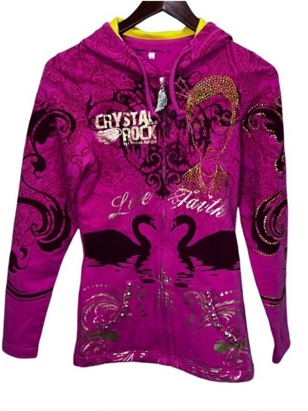 Crystal Rock by Christian Audigier 90s Y2K Pink Zip up Hooded Sweater